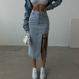 Belt Design Midi Slit Denim Skirt