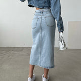 Belt Design Midi Slit Denim Skirt