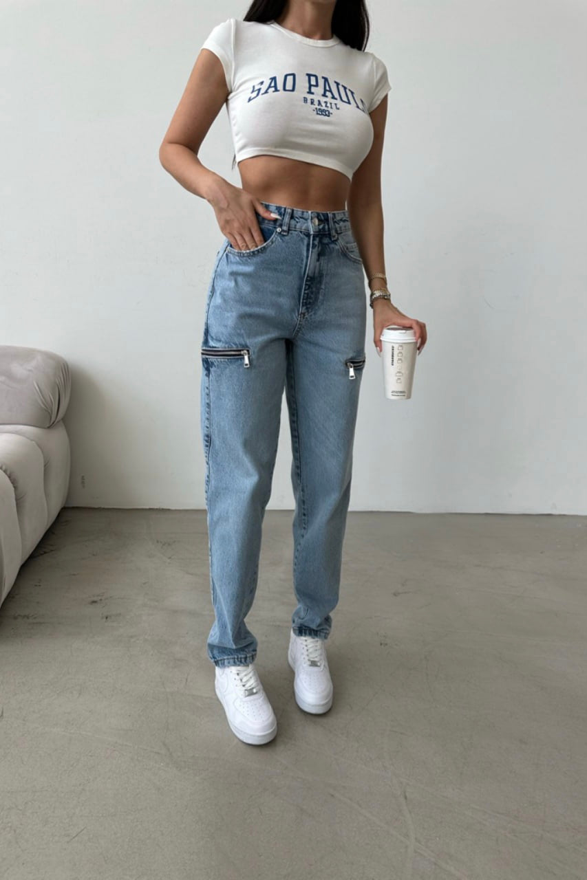 Side Zipper Detail Mom Jeans