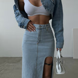 Belt Design Midi Slit Denim Skirt