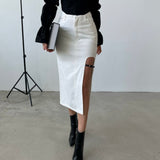 Belt Design Midi Slit Denim Skirt