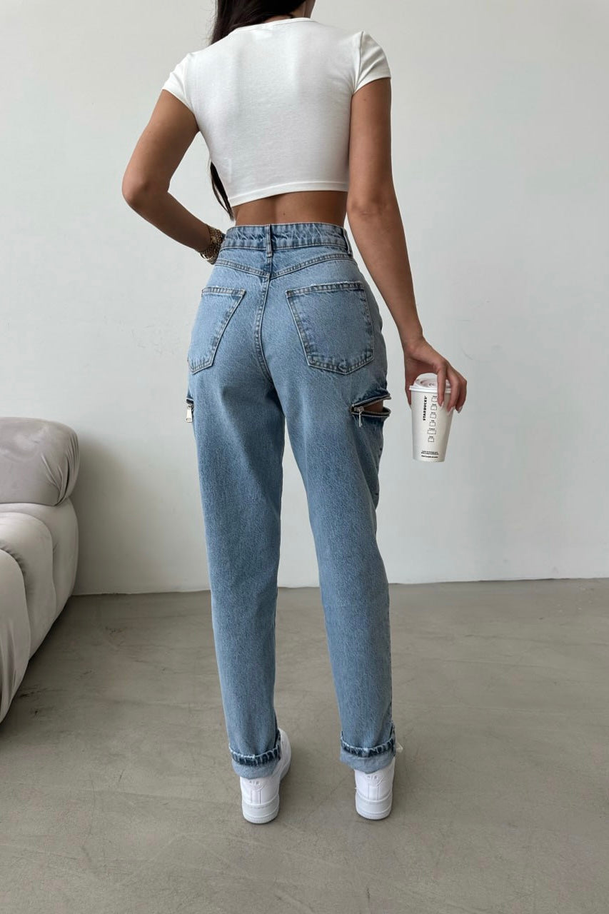 Side Zipper Detail Mom Jeans