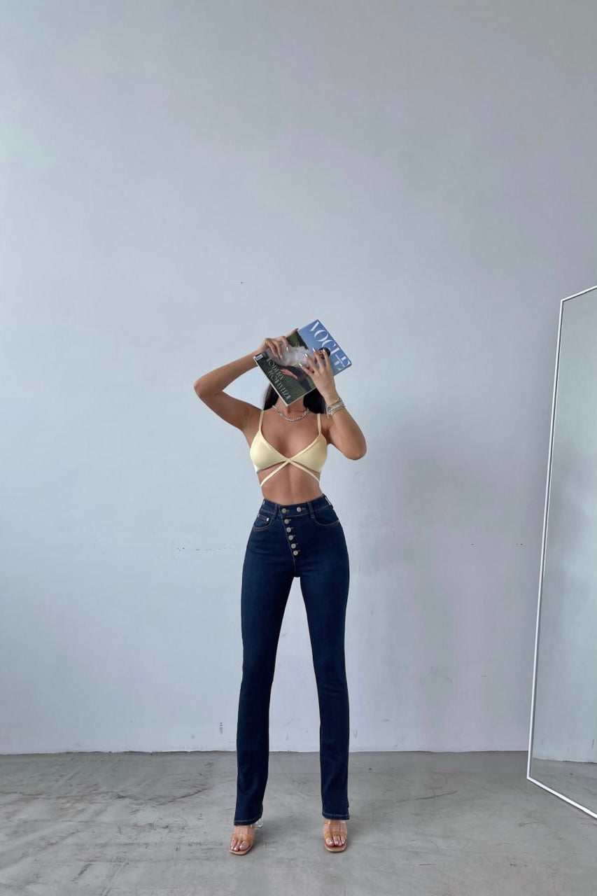Asymmetric Five Buttons Skinny Split Jeans