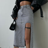 Belt Design Midi Slit Denim Skirt