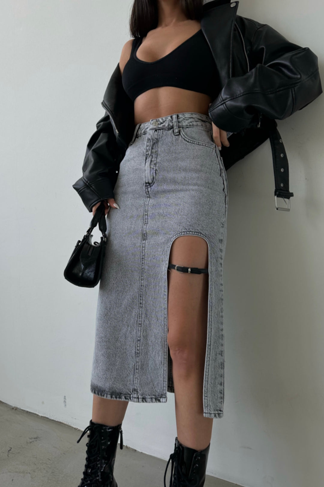 Belt Design Midi Slit Denim Skirt