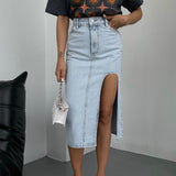 Slit Blue Denim Jean Skirt