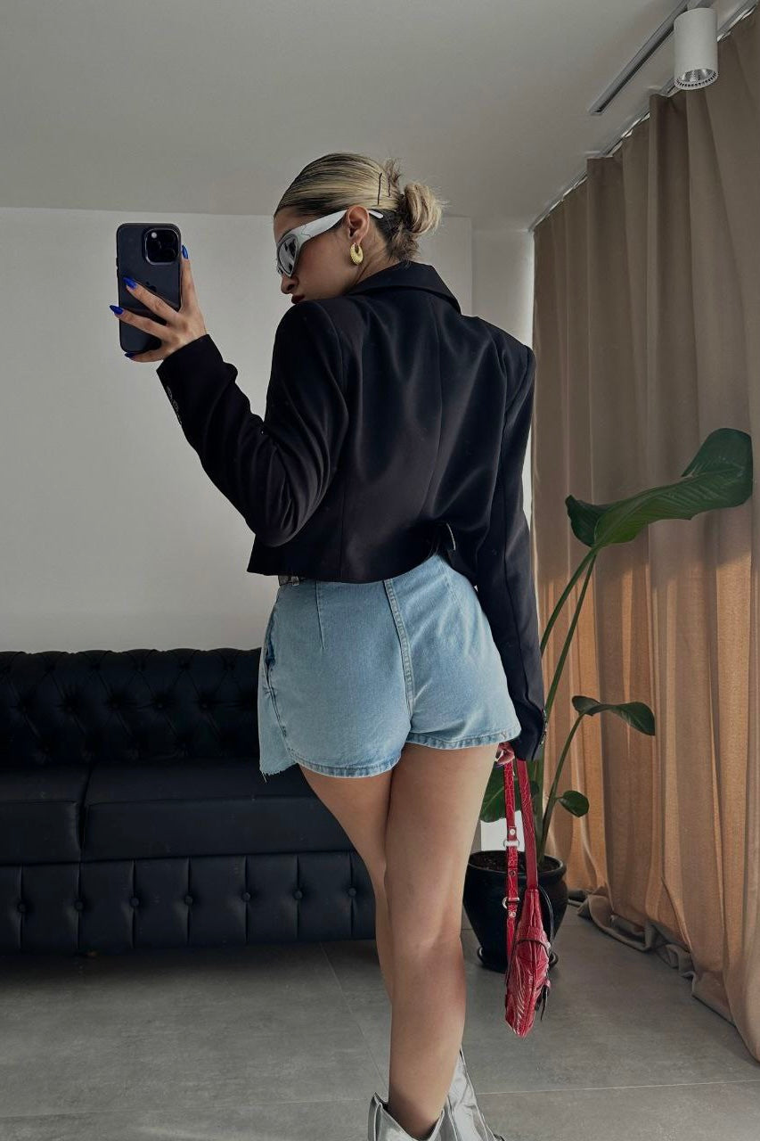 Pleated Mini Jean Skort