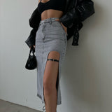 Belt Design Midi Slit Denim Skirt
