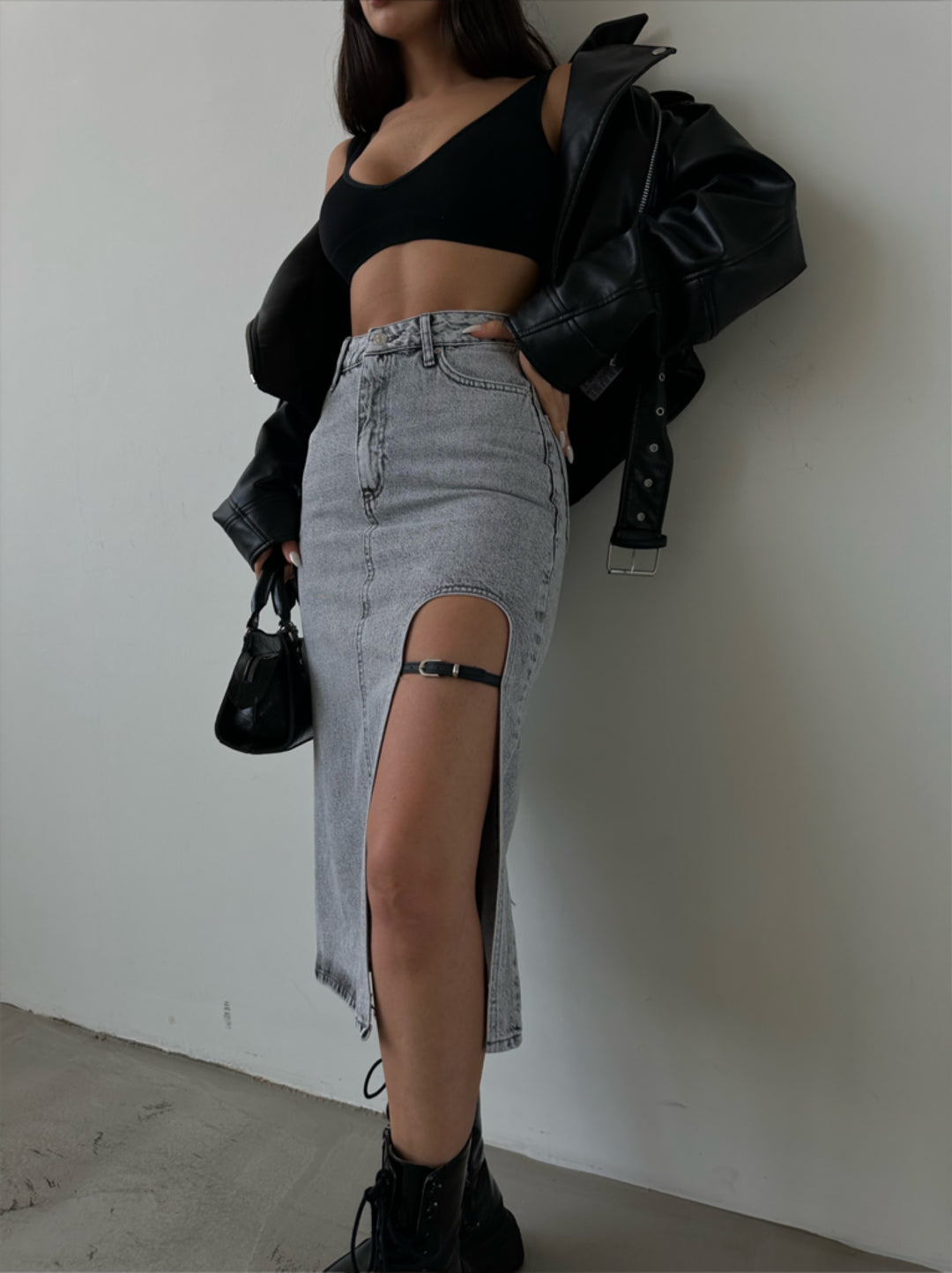 Belt Design Midi Slit Denim Skirt