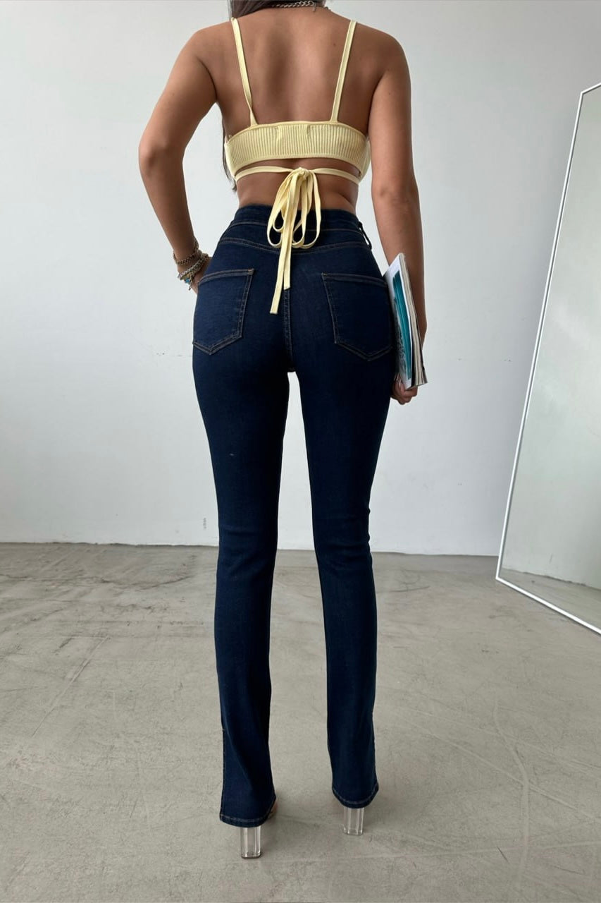 Asymmetric Five Buttons Skinny Split Jeans