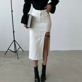 Belt Design Midi Slit Denim Skirt
