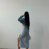 Belt Design Midi Slit Denim Skirt