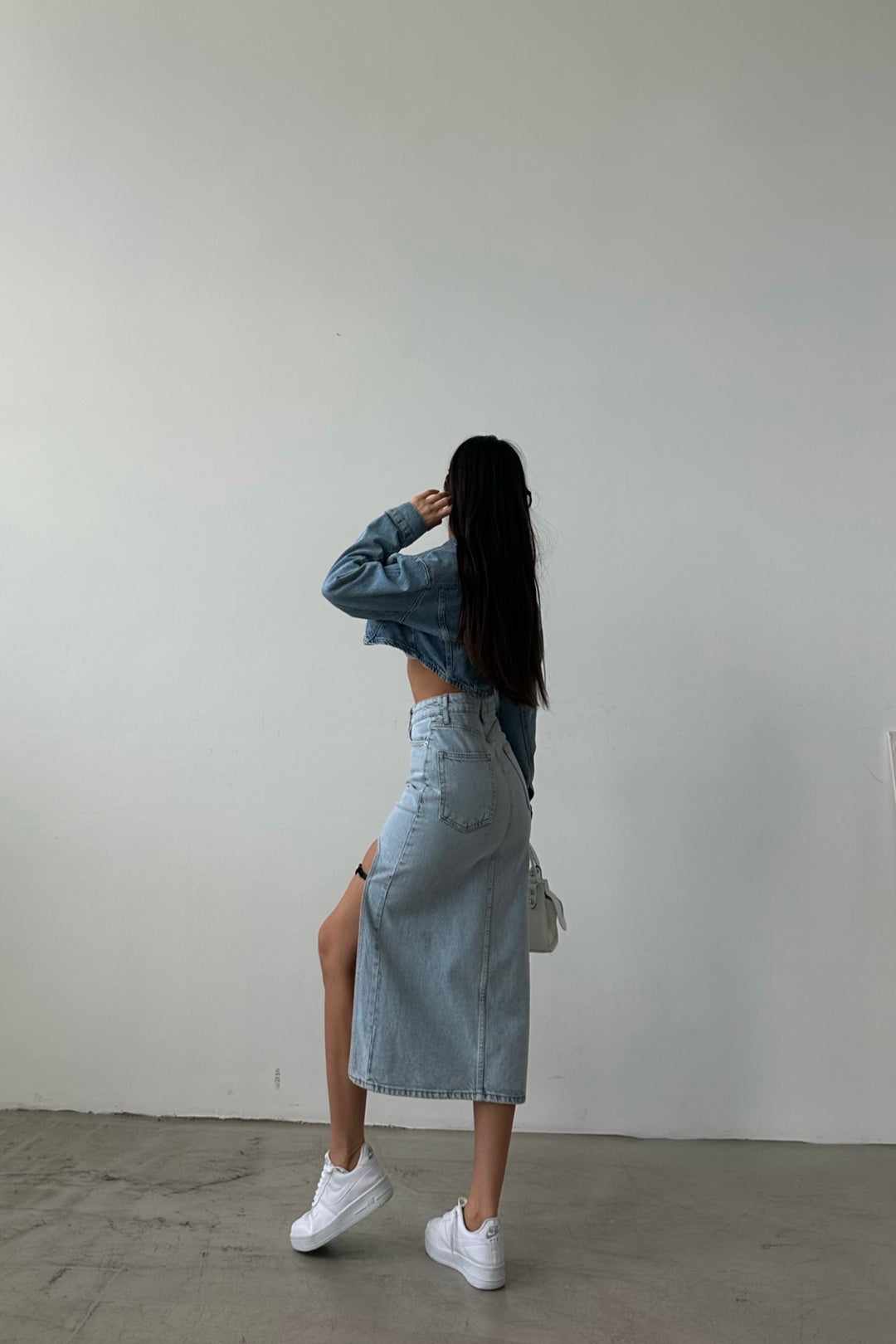 Belt Design Midi Slit Denim Skirt
