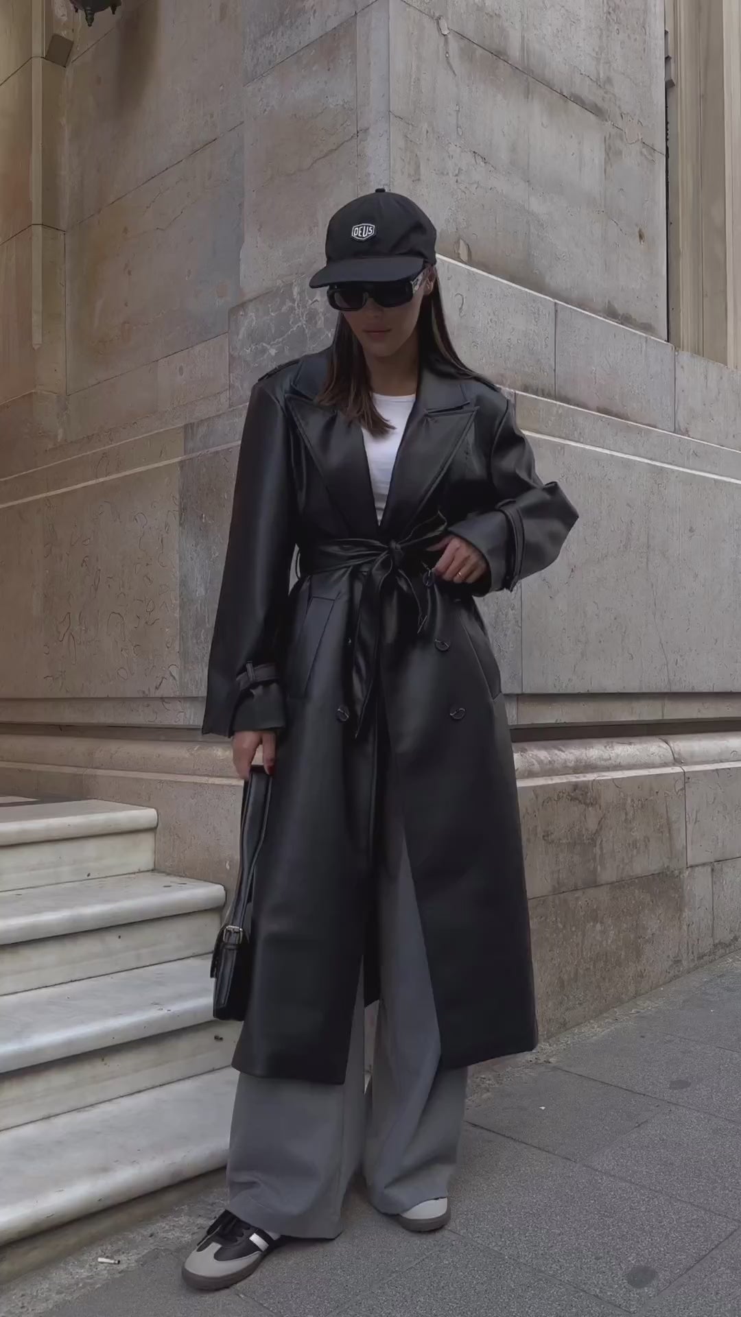 Belted Faux Leather Trench Coat