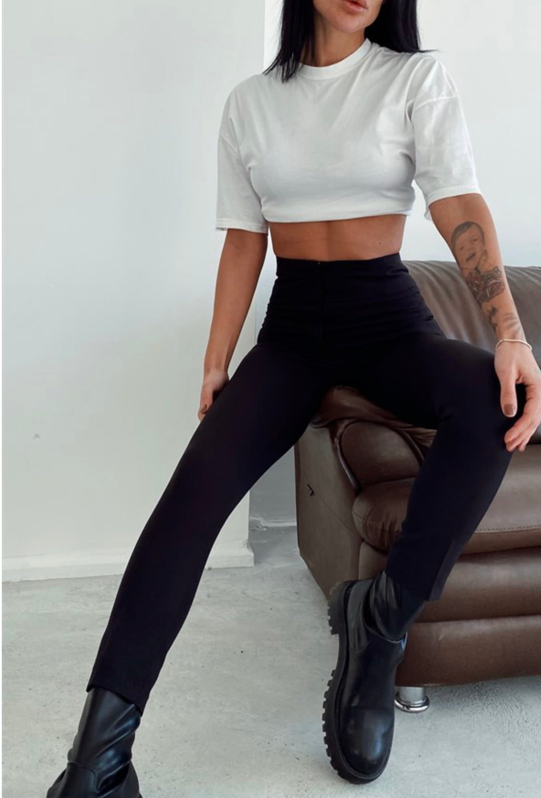 Crepe Fabric High Rise Pants