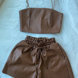 Faux-Leather Top and Shorts Set in Camel