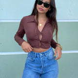 Collar Crop Top In Brown