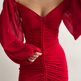 Front Drawstring Tulle Arms Dress Red