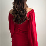Front Drawstring Tulle Arms Dress Red
