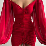 Front Drawstring Tulle Arms Dress Red