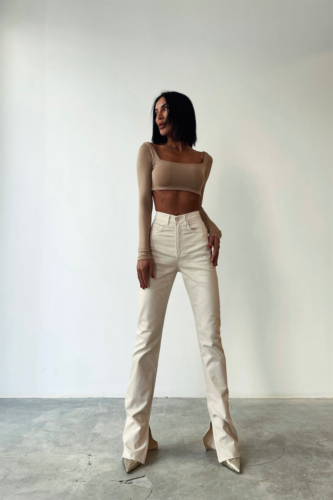High Waist Beige Jeans