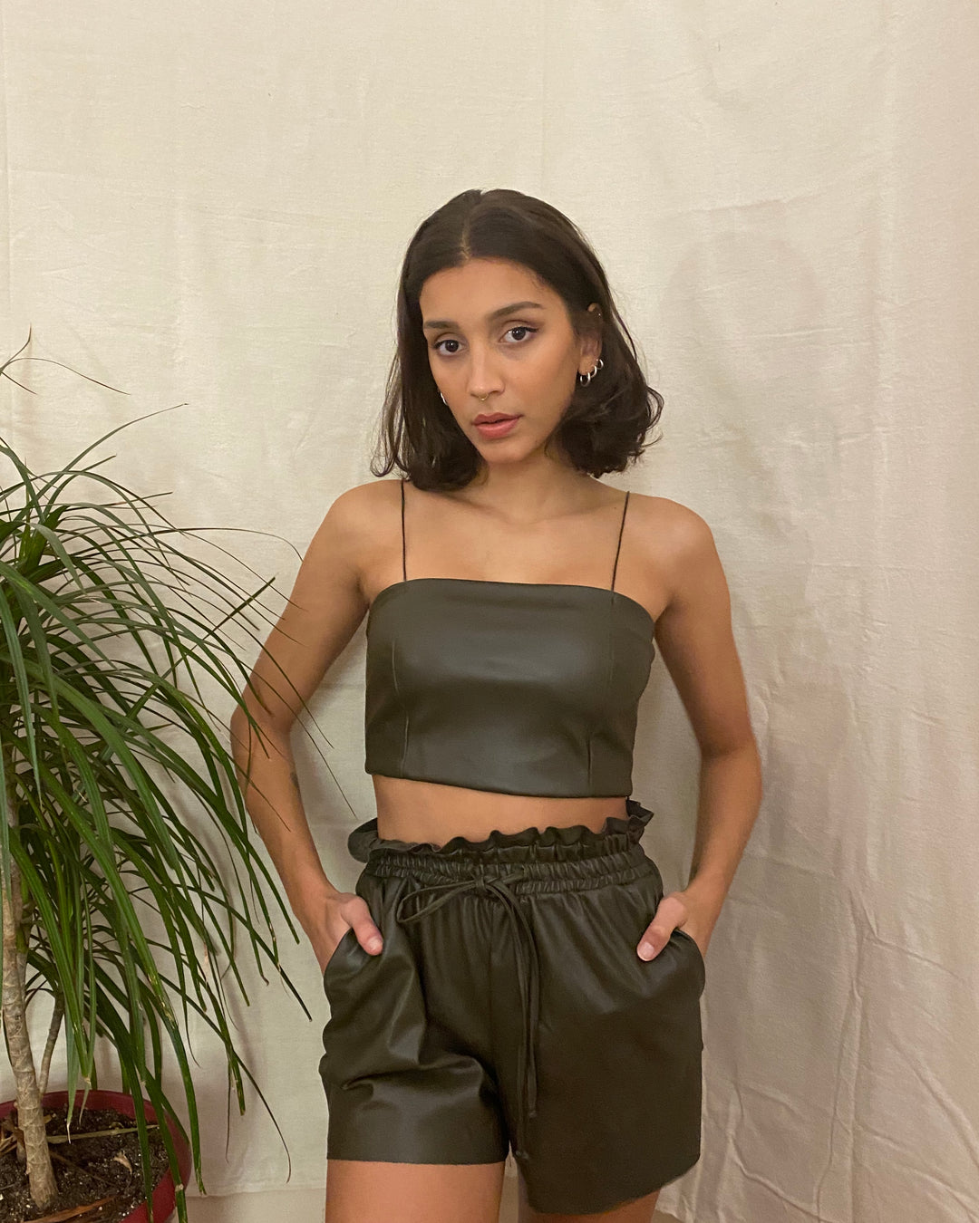 Faux-Leather Top and Shorts Set in Khaki