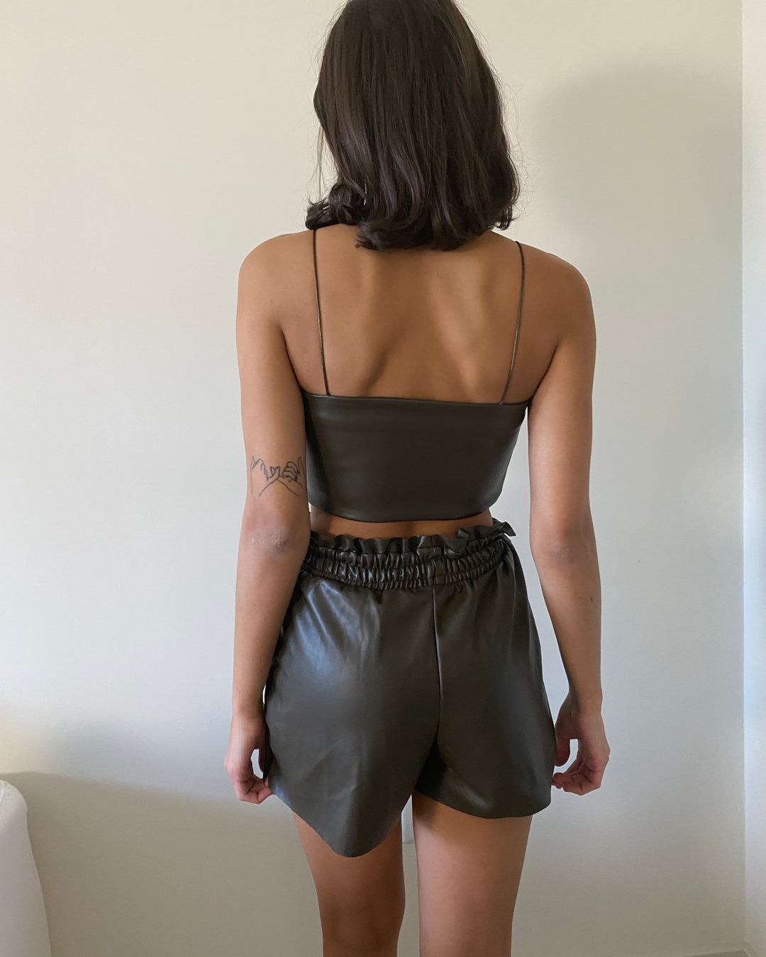 Faux-Leather Top and Shorts Set in Khaki