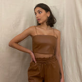 Faux-Leather Top and Shorts Set in Camel