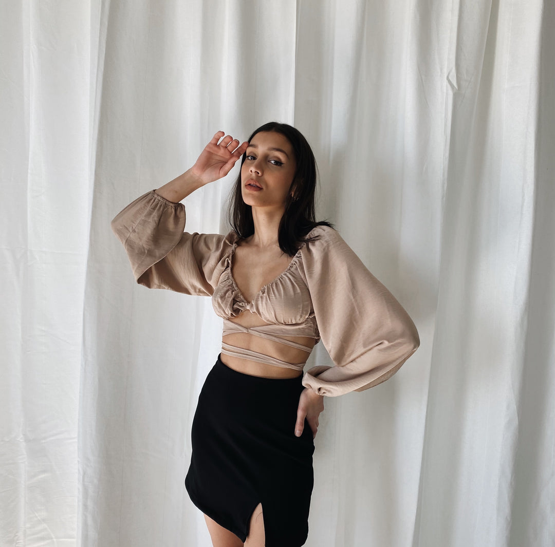 Balloon Arm Tie Around Blouse Beige