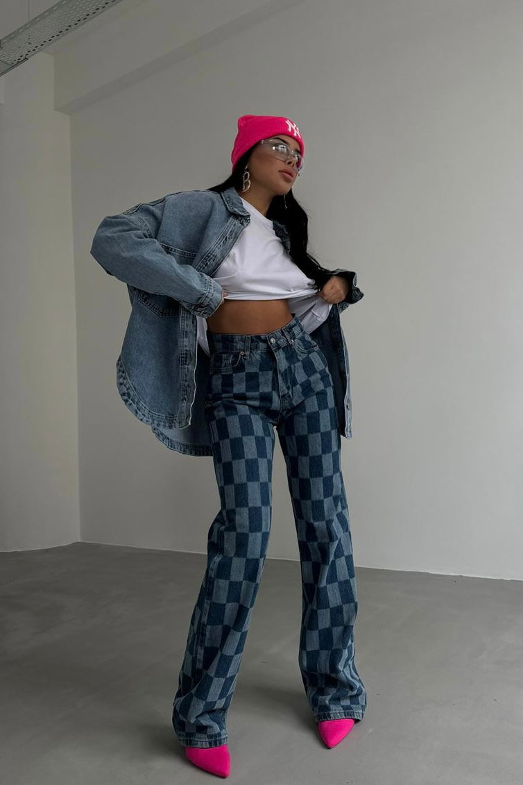 Plaid Straight Blue Jeans
