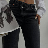 Cross Button Straight Jeans Charcoal