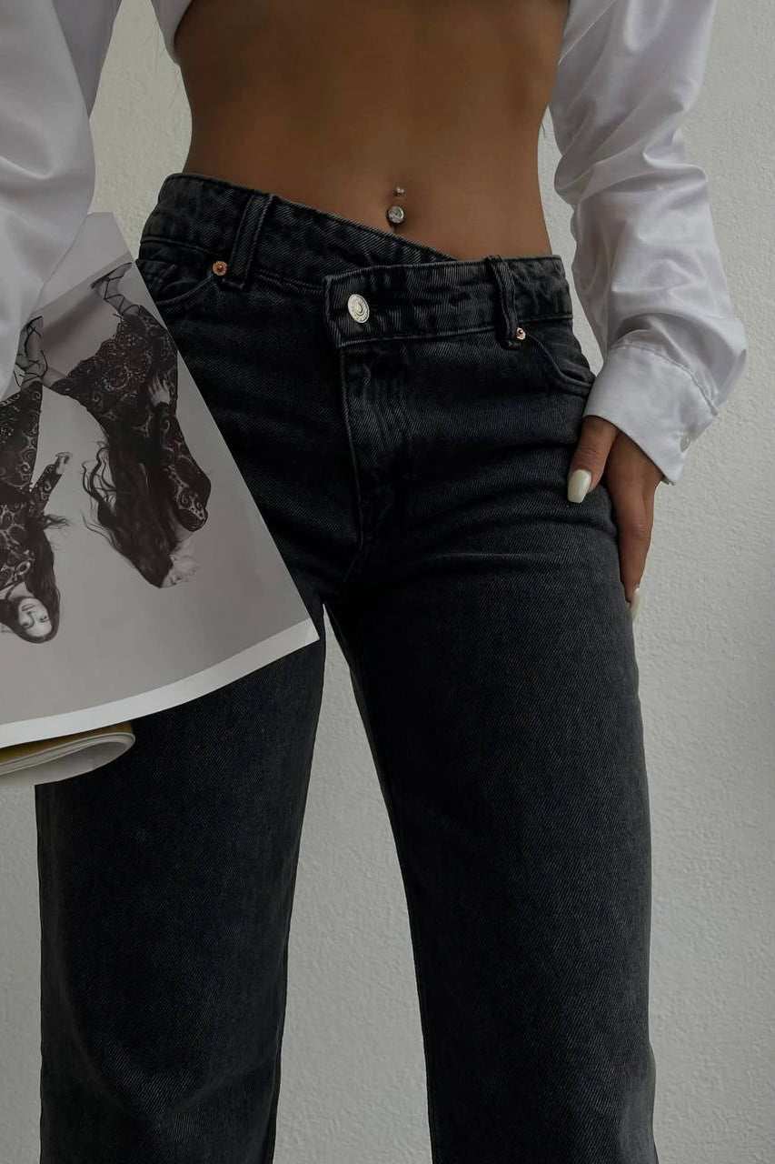 Cross Button Straight Jeans Charcoal