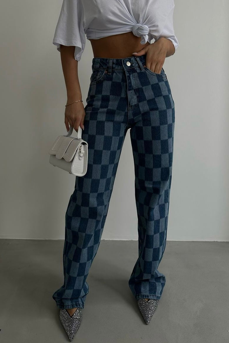 Plaid Straight Blue Jeans