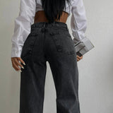 Cross Button Straight Jeans Charcoal