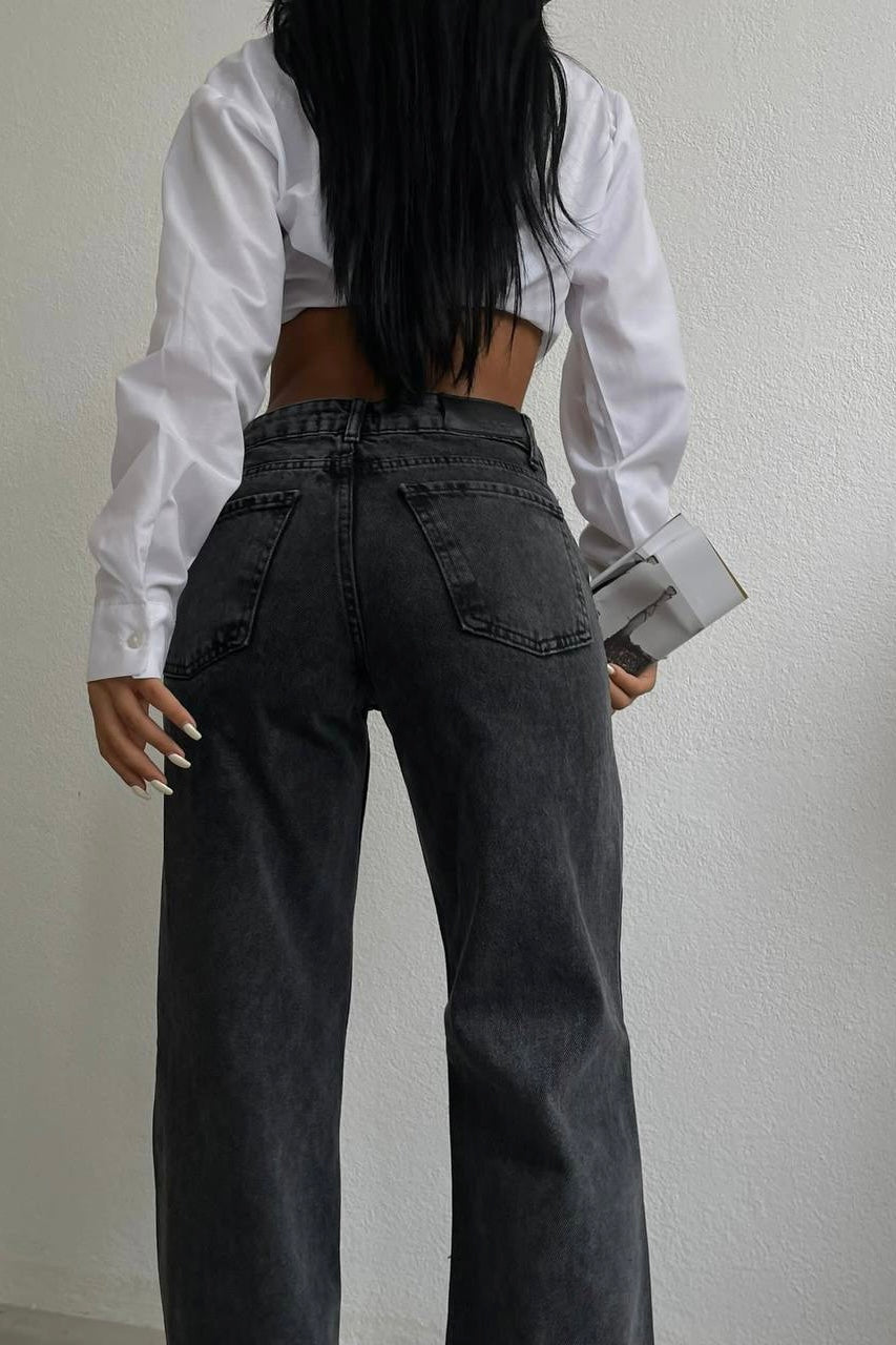Cross Button Straight Jeans Charcoal