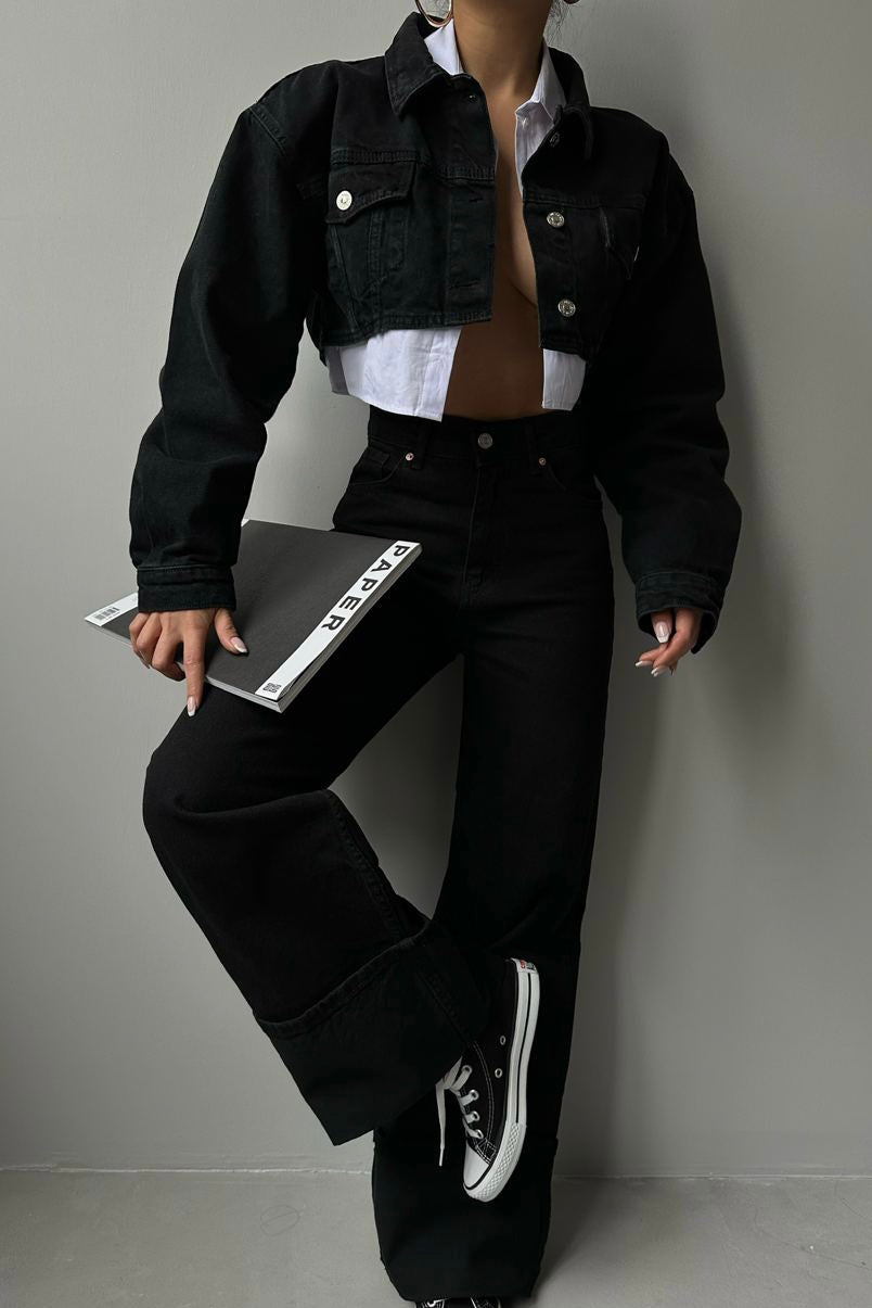 Padded Shoulder Crop Jean Jacket