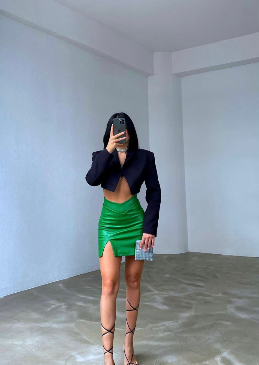 V Waist Faux Leather Skirt