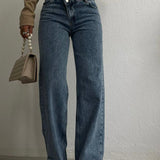 Cross Button Straight Jeans Blue