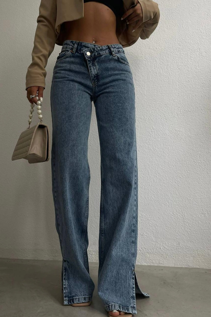 Cross Button Straight Jeans Blue