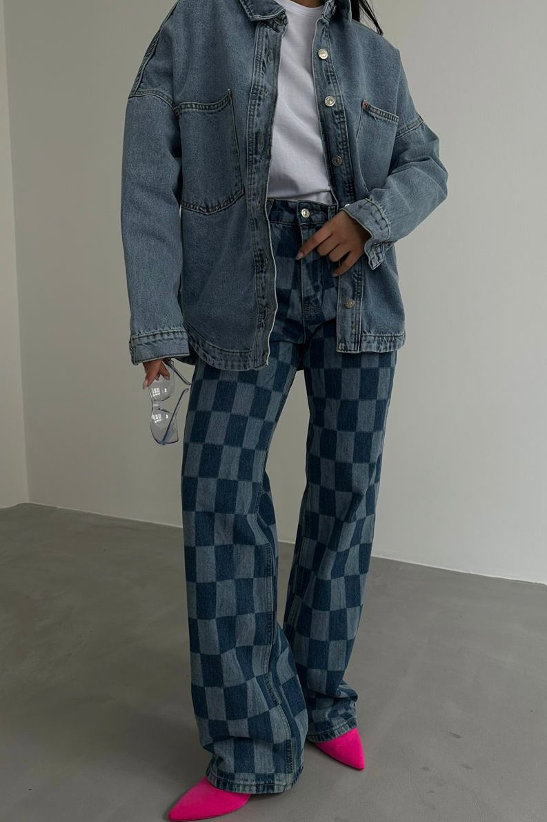 Plaid Straight Blue Jeans