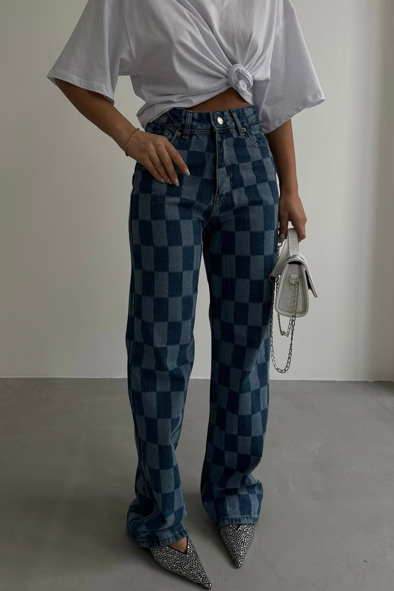 Plaid Straight Blue Jeans