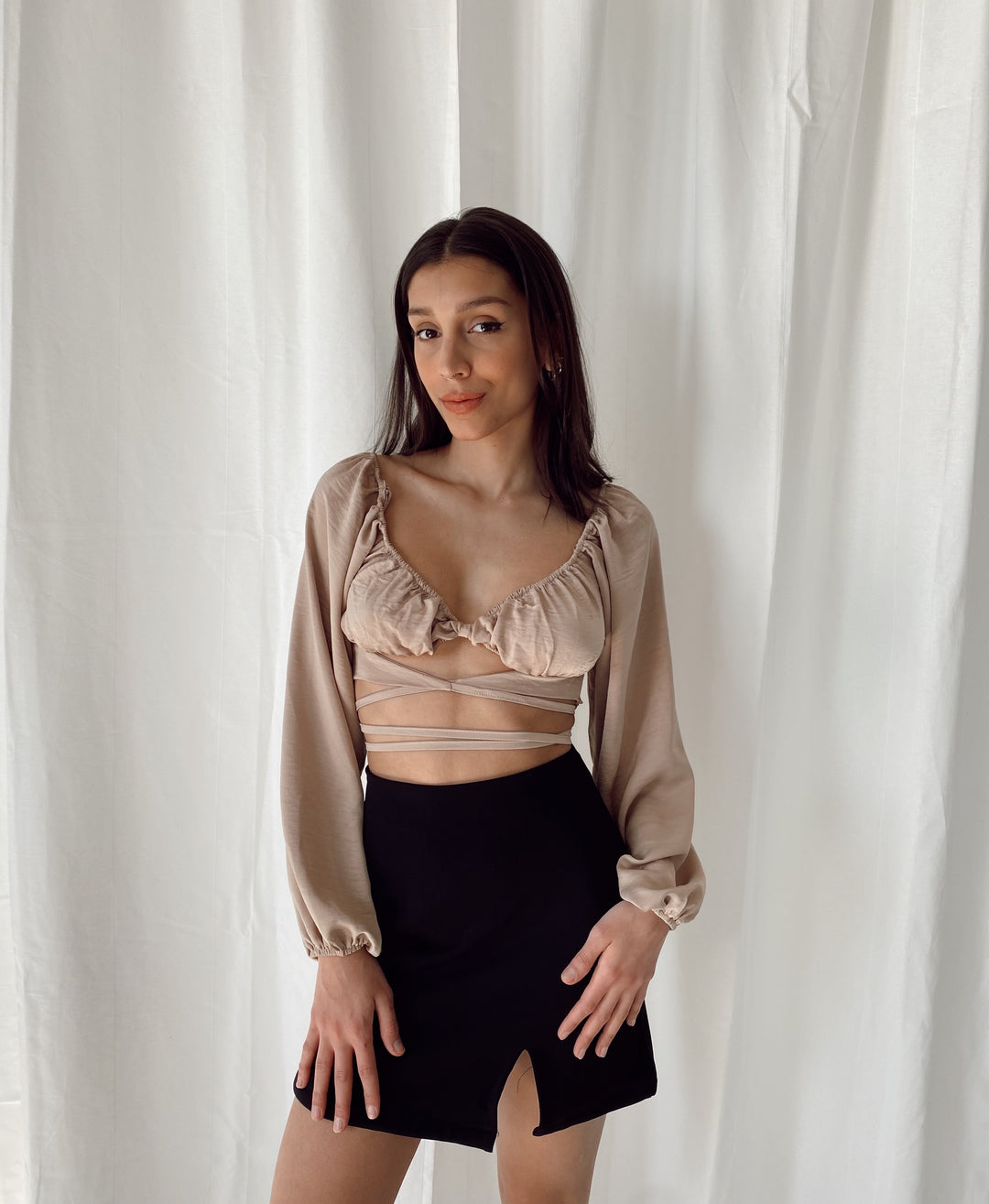 Balloon Arm Tie Around Blouse Beige