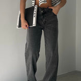 Cross Button Straight Jeans Charcoal