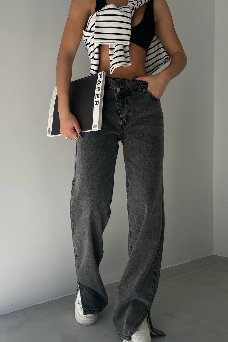 Cross Button Straight Jeans Charcoal