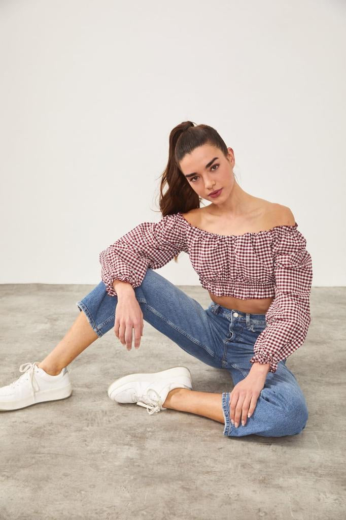 Long Sleeve Check Print Blouse
